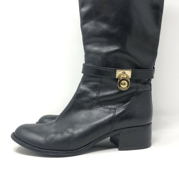 Michael Kors Black Leather Hamilton MK Charm Boots - Picture 2 of 7